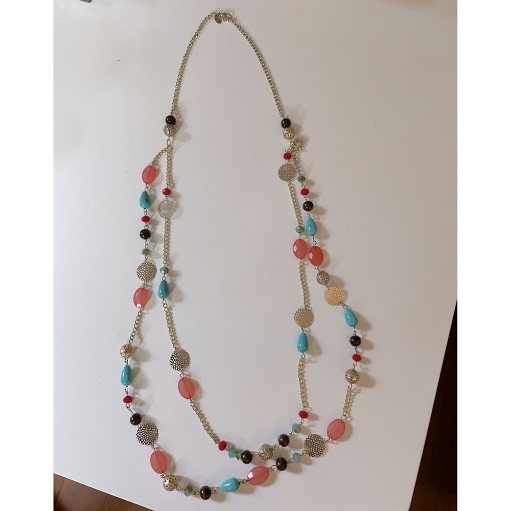 Gold necklace with coral and aqua beads